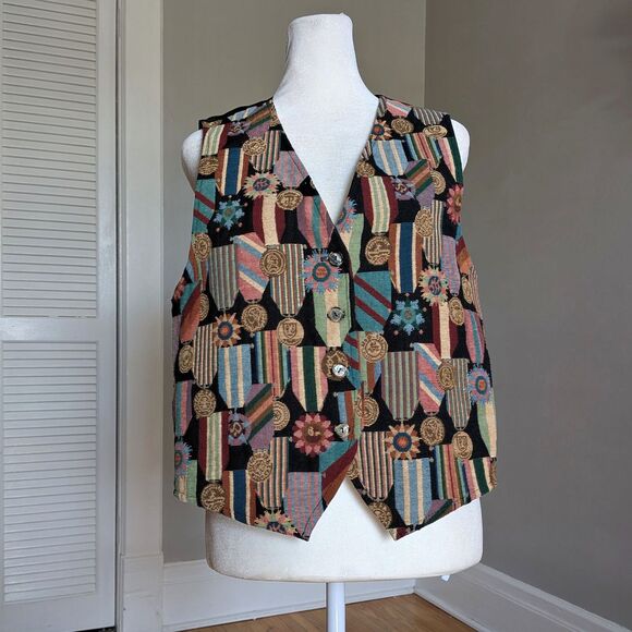 Vintage 90s Mirrors Tapestry Vest Award Ribbons Medals Funky Dark Academia Large - Picture 10 of 10